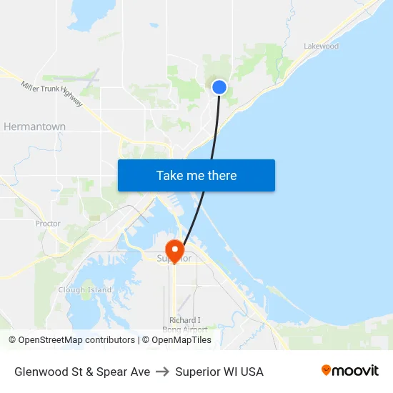 Glenwood St & Spear Ave to Superior WI USA map