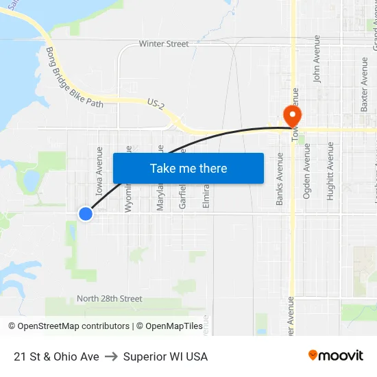 21 St & Ohio Ave to Superior WI USA map
