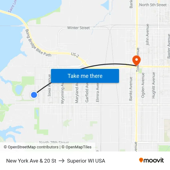 New York Ave & 20 St to Superior WI USA map