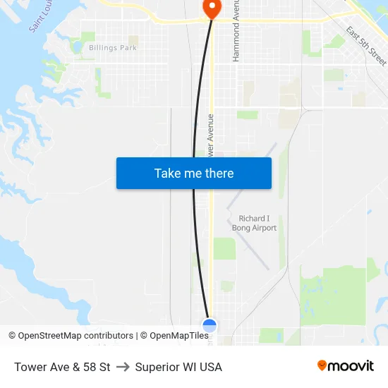 Tower Ave & 58 St to Superior WI USA map