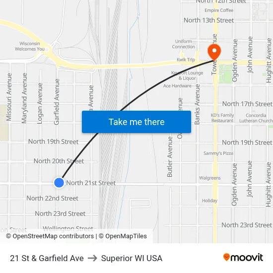 21 St & Garfield Ave to Superior WI USA map