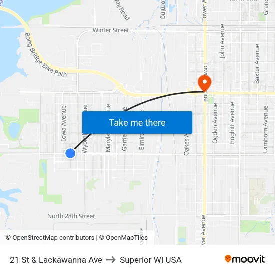 21 St & Lackawanna Ave to Superior WI USA map