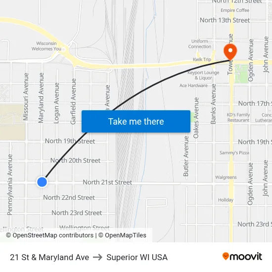 21 St & Maryland Ave to Superior WI USA map