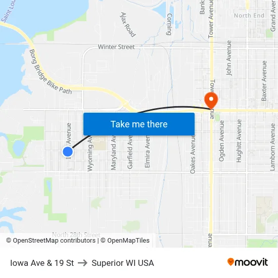 Iowa Ave & 19 St to Superior WI USA map