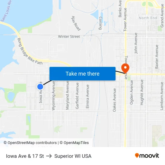 Iowa Ave & 17 St to Superior WI USA map