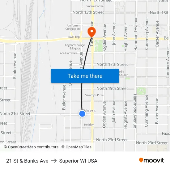 21 St & Banks Ave to Superior WI USA map