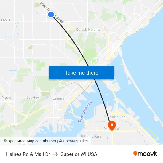 Haines Rd & Mall Dr to Superior WI USA map