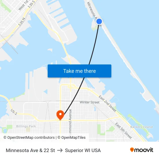 Minnesota Ave & 22 St to Superior WI USA map