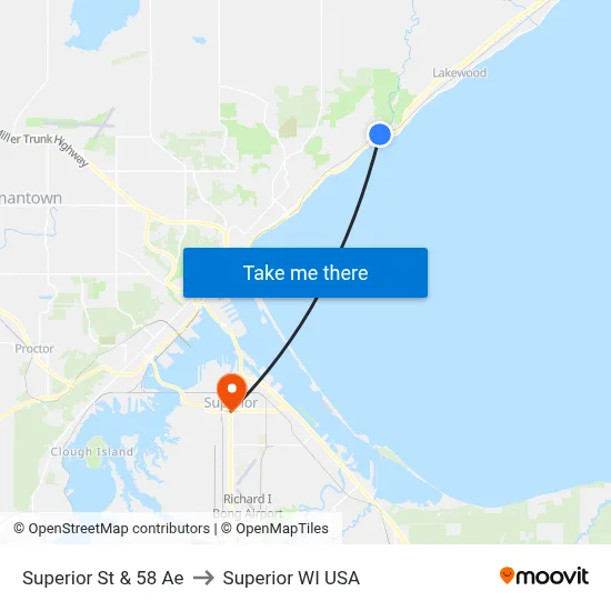 Superior St & 58 Ae to Superior WI USA map