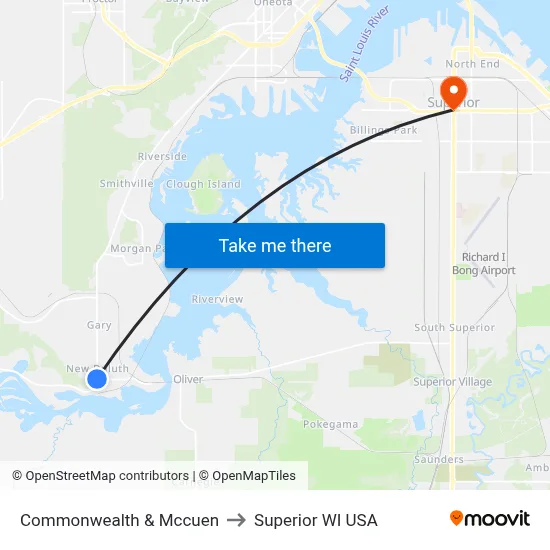 Commonwealth & Mccuen to Superior WI USA map