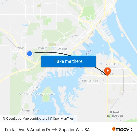 Foxtail Ave & Arbutus Dr to Superior WI USA map