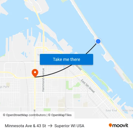 Minnesota Ave & 43 St to Superior WI USA map