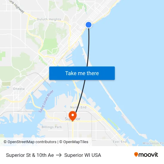 Superior St & 10th Ae to Superior WI USA map