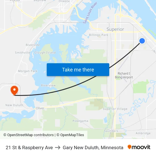 21 St & Raspberry Ave to Gary New Duluth, Minnesota map