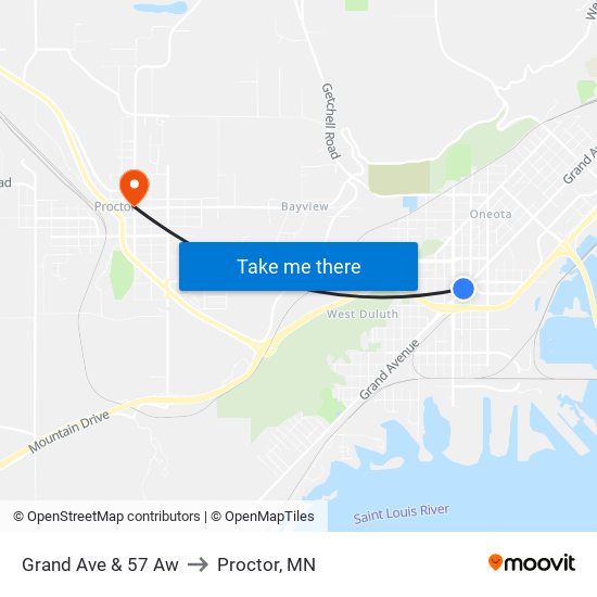 Grand Ave & 57 Aw to Proctor, MN map
