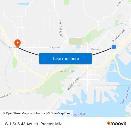 W 1 St & 43 Aw to Proctor, MN map
