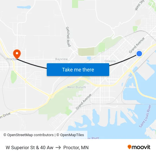 W Superior St & 40 Aw to Proctor, MN map