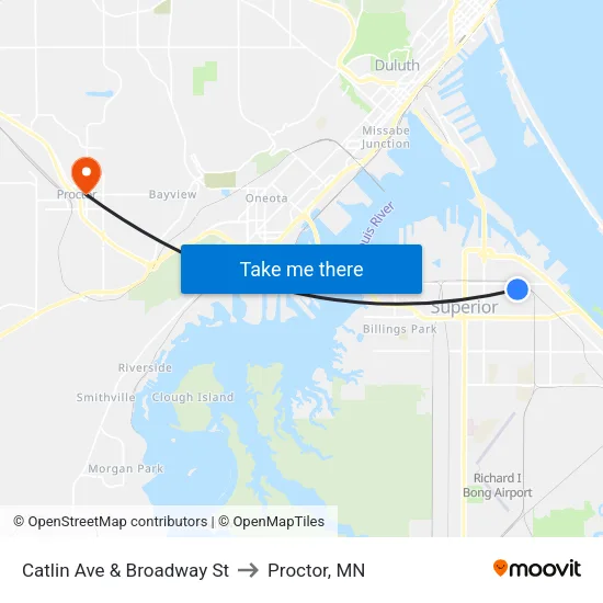 Catlin Ave & Broadway St to Proctor, MN map