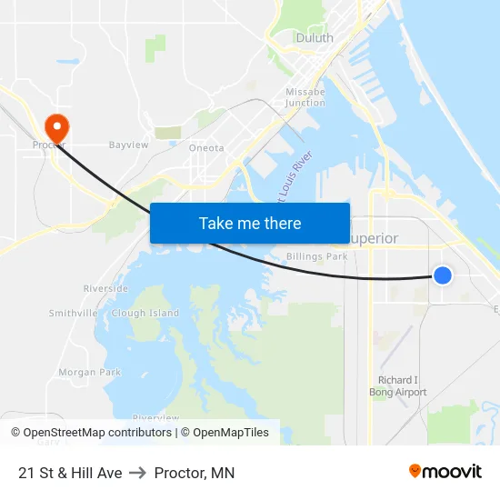 21 St & Hill Ave to Proctor, MN map