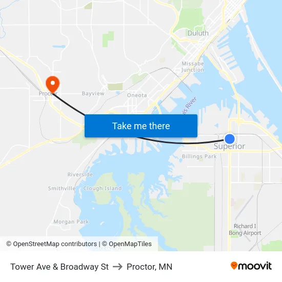 Tower Ave & Broadway St to Proctor, MN map