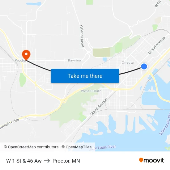 W 1 St & 46 Aw to Proctor, MN map