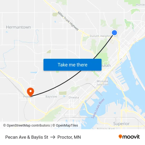Pecan Ave & Baylis St to Proctor, MN map