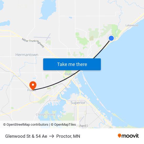 Glenwood St & 54 Ae to Proctor, MN map