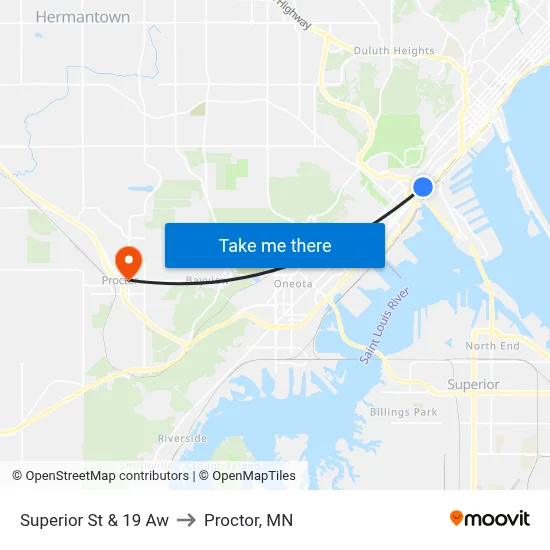 Superior St & 19 Aw to Proctor, MN map