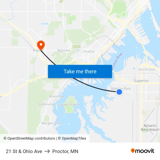 21 St & Ohio Ave to Proctor, MN map