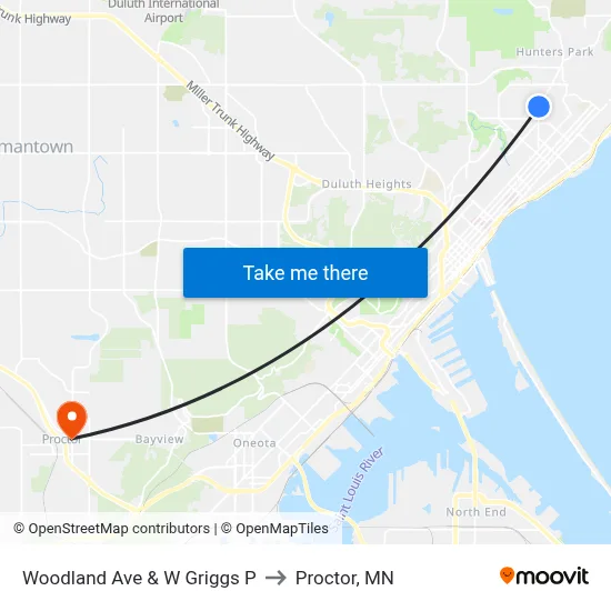 Woodland Ave & W Griggs P to Proctor, MN map