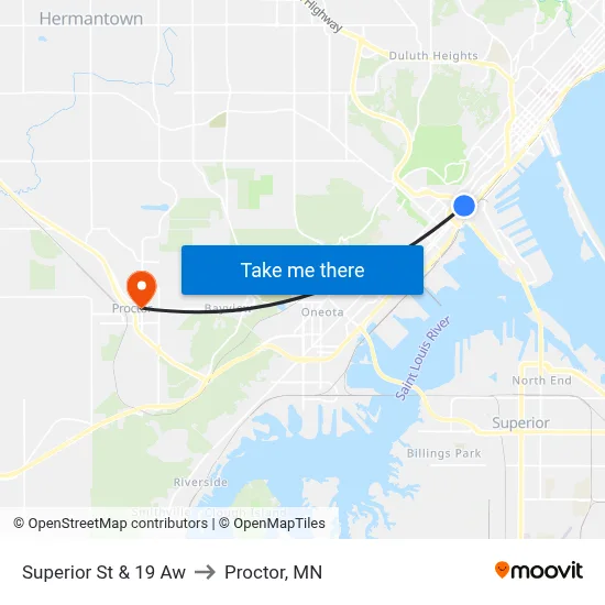Superior St & 19 Aw to Proctor, MN map