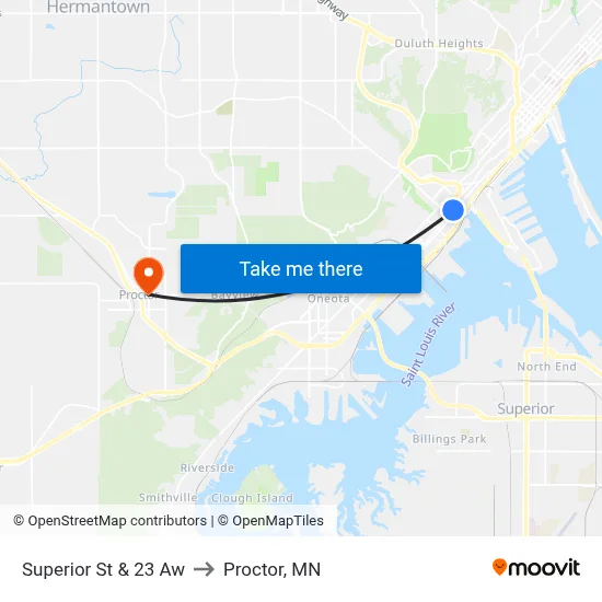 Superior St & 23 Aw to Proctor, MN map