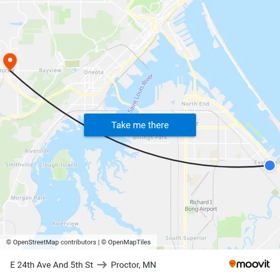 E 24th Ave And 5th St to Proctor, MN map
