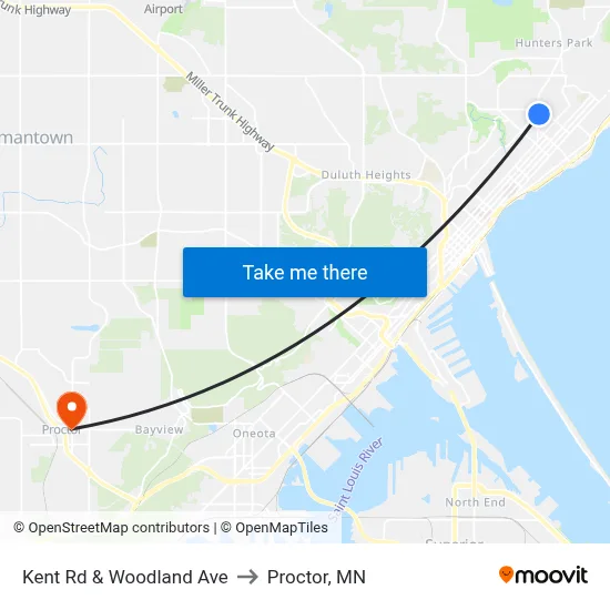 Kent Rd & Woodland Ave to Proctor, MN map