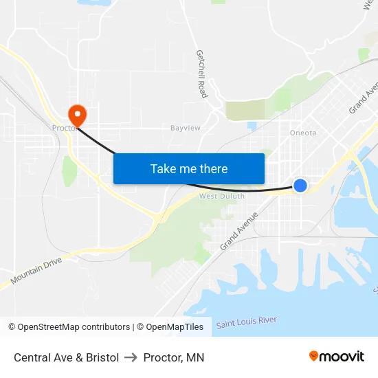 Central Ave & Bristol to Proctor, MN map