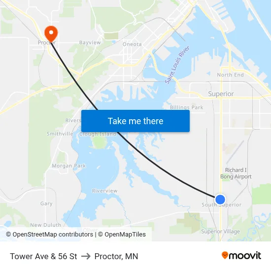Tower Ave & 56 St to Proctor, MN map