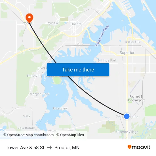 Tower Ave & 58 St to Proctor, MN map