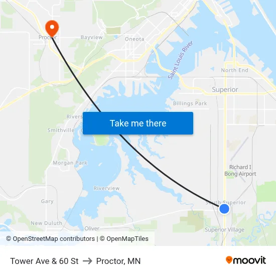 Tower Ave & 60 St to Proctor, MN map