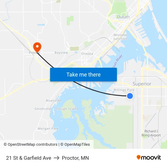 21 St & Garfield Ave to Proctor, MN map