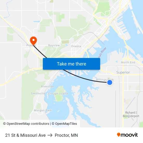 21 St & Missouri Ave to Proctor, MN map