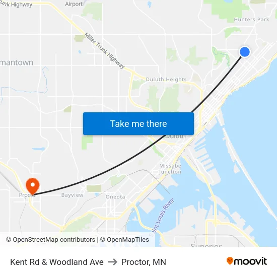 Kent Rd & Woodland Ave to Proctor, MN map