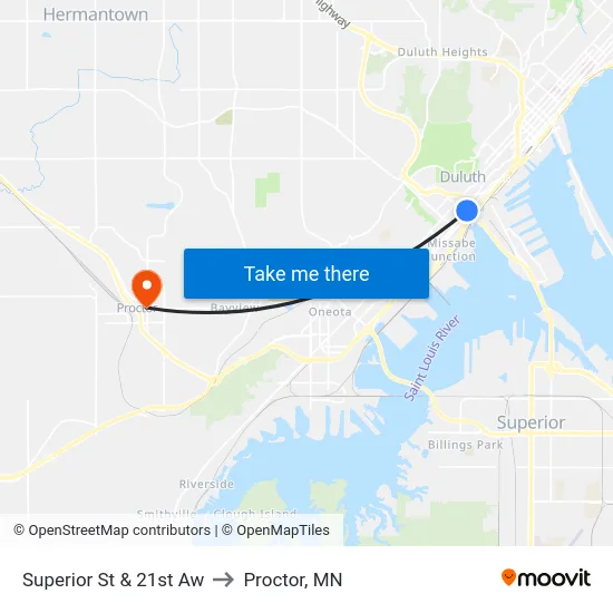 Superior St & 21st Aw to Proctor, MN map