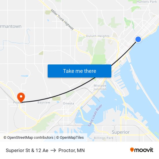 Superior St & 12 Ae to Proctor, MN map