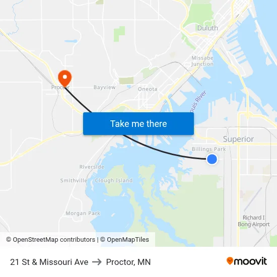 21 St & Missouri Ave to Proctor, MN map