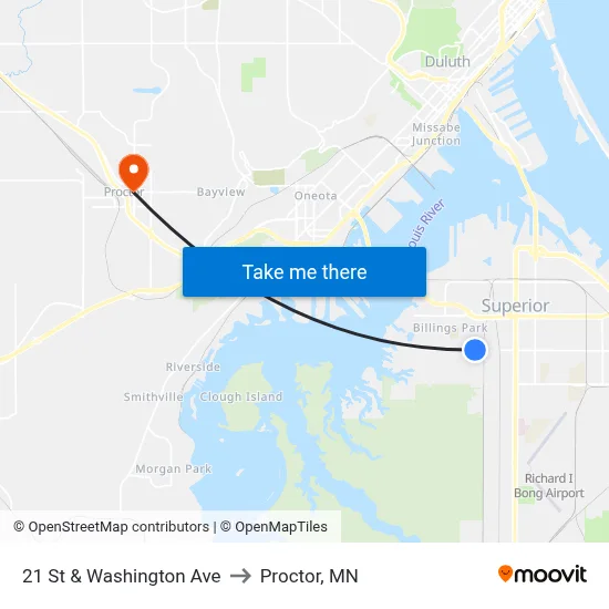21 St & Washington Ave to Proctor, MN map