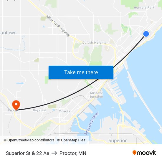 Superior St & 22 Ae to Proctor, MN map