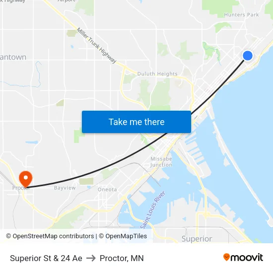 Superior St & 24 Ae to Proctor, MN map