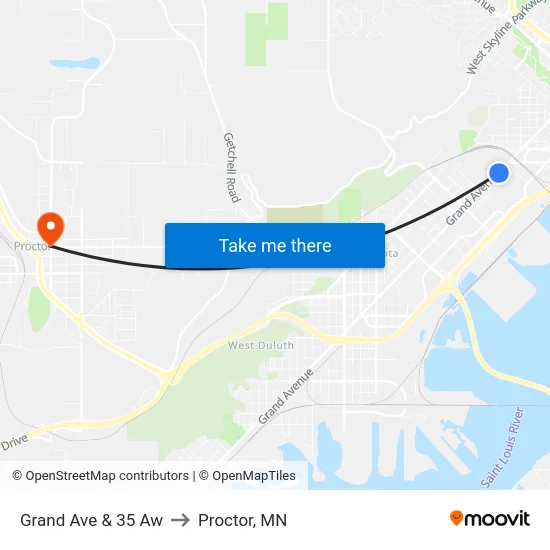 Grand Ave & 35 Aw to Proctor, MN map