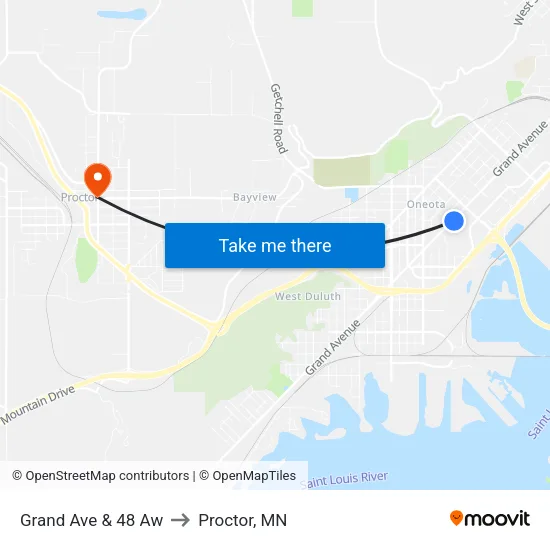 Grand Ave & 48 Aw to Proctor, MN map
