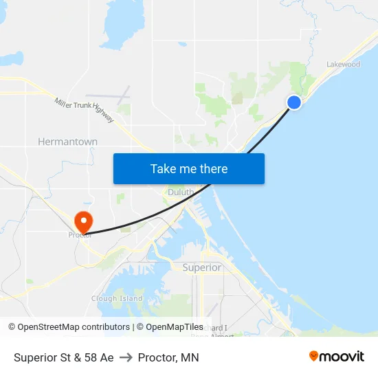 Superior St & 58 Ae to Proctor, MN map